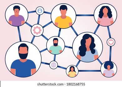 Illustration of people sharing data, links, photos, posts and news in social networks. Colorful flat vector illustration.