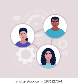 Illustration of people sharing data, links, photos, posts and news in social networks. Colorful flat vector illustration.