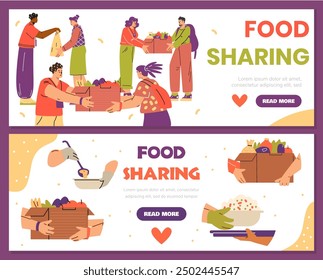 Illustration of people sharing food. Vector set showing various food distribution activities: individuals handing out food boxes, receiving meals, and giving groceries. For community aid projects