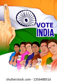 illustration of People showing voting finger for india  tricolour background