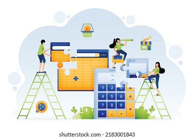 Illustration of people solve accounting puzzles by creating spreadsheet software for better bookkeeping of statements. Design can be for landing page website poster banner mobile apps web social media