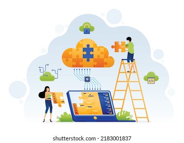 Ilustración de la gente resuelve problemas en sistemas de nube de tecnología con cooperación y colaboración en el desarrollo de aplicaciones. El diseño puede ser para la página de inicio afiche banner aplicaciones móviles anuncios en redes sociales