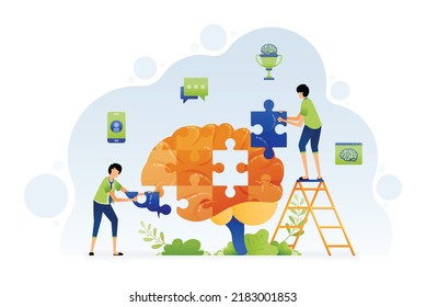 Illustration of people solving brain shaped puzzle problems with brain intelligence. Problem solving with brainstorming. Design can be for landing page website poster banner apps web social media ads