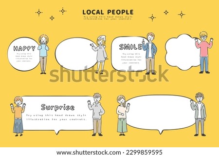 Illustration of people speech bubbles and frames.