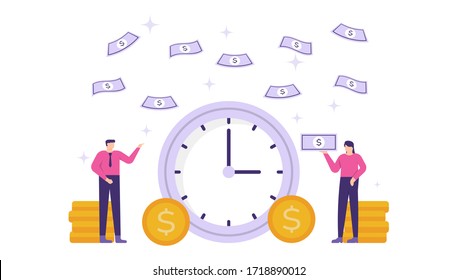 illustration of people standing near the clock, coins and scattered banknotes. the concept of time is money, time management, on time. flat design. can be used for elements, landing pages, UI.