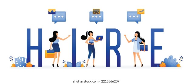 Illustration of people standing on words of hire. Communicate and share work experiences and job vacancies. Designed for website, landing page, flyer, banner, apps, brochure, startup media company