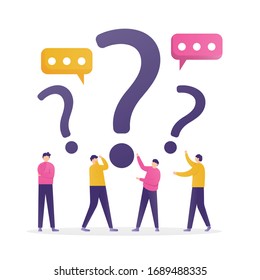 illustration of people standing under question marks and chat symbols. concept Frequently asked questions or FAQs, question marks around people, online support center. flat design.