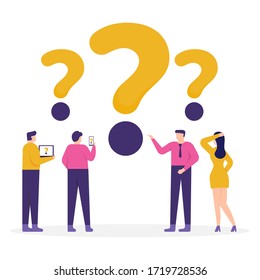 illustration of people standing under the question mark symbol. concept Frequently asked questions or FAQs, question marks around people, online support center. flat design.