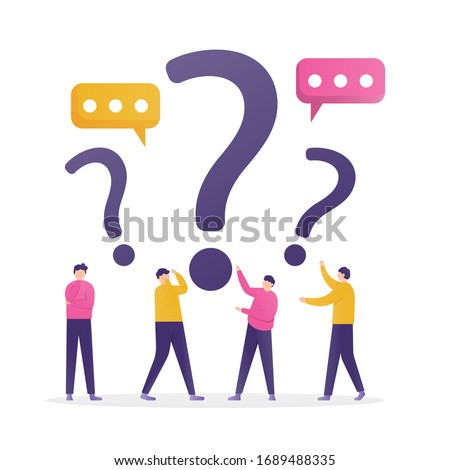 illustration of people standing under question marks and chat symbols. concept Frequently asked questions or FAQs, question marks around people, online support center. flat design.