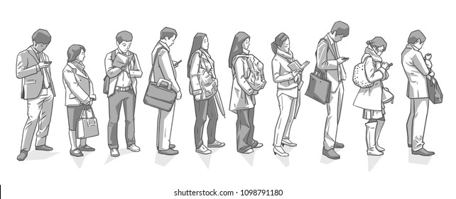 Illustration of people standing waiting in registration shopping public transport line