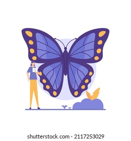 illustration of people studying about butterflies. student. National Learn About Butterflies Day. flat cartoon style. vector concept design. landing page ui element