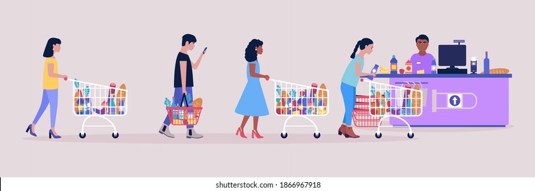 Illustration of people at the supermarket. Colorful flat vector illustration