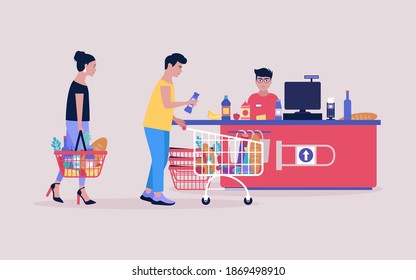 Illustration of people at the supermarket. Colorful flat vector illustration