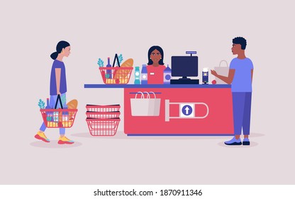 Illustration of people at the supermarket. Colorful flat vector illustration