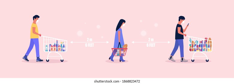 Illustration of people at the supermarket. Social distancing concept. Colorful flat vector illustration