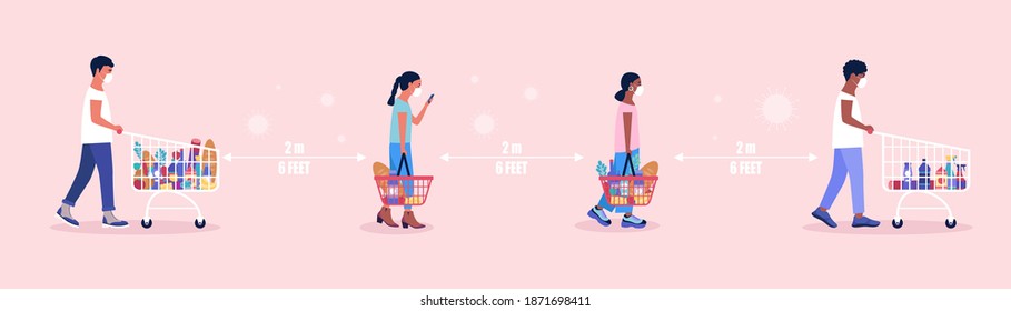 Illustration of people at the supermarket. Social distancing concept. Colorful flat vector illustration