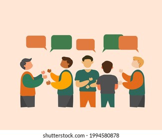 illustration of people talk to each others, everyone of several ethnicities mingle and talk, difference