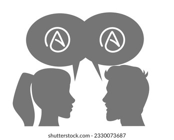 Illustration of people talking about atheism on white background