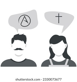 Illustration of people talking about religions on white background. Woman and man figures with symbols of Christianity and atheism