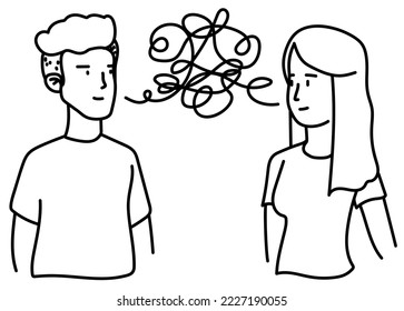 Illustration of people talking on white background. Dialogue between man and woman