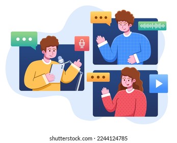 Illustration People talking and recording podcasts virtually.
Talk on video conferences virtually.
Recording podcast, broadcast virtual.
Hosts talk to guests with virtual video calls.
