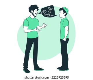 Illustration of people talking in white background. Dialogue between men