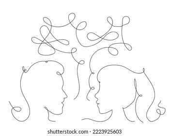 Illustration of people talking in white background. Dialogue between man and woman