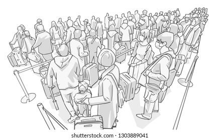 Illustration of people tourist waiting in line at airport public transport