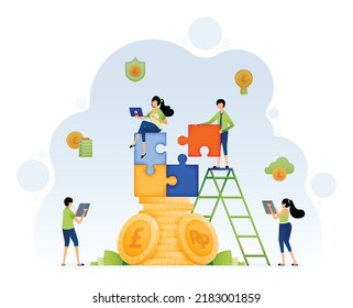 Illustration of people trying to find solutions to puzzles piled on coins with money management and investment. Design can be for landing page website poster banner mobile apps web social media flyer