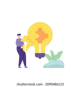 illustration of people trying to solve a puzzle game. light bulb puzzle. solve the problem. ideas and solutions. flat cartoon style. vector design. can be used for UI elements, landing pages.