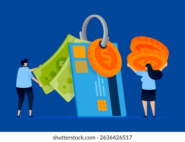 Illustration of people tying paper money, coins, and credit cards, symbolizing maintaining and guarding expenses in finance. Can be used for budgeting apps, finance advisors, and banking sites