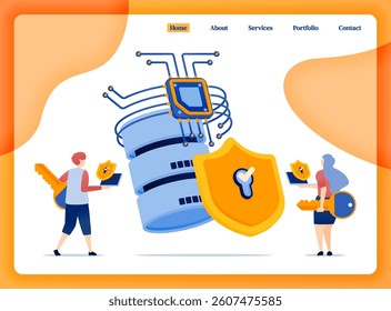 Illustration of People use databases linked to chip and AI networks, symbolized by shields to represent security and strong data protection. Designed for banner, website, startup, apps, ui ux, ads