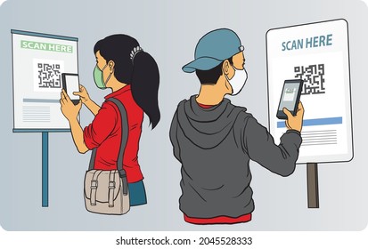 illustration of People use the QR Code contact tracing system to check in to the mall during pandemic - vector