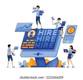 Illustration of people use software for performance profiling job seekers who will apply for 4.0 tech job vacancies. Designed for website, landing page, flyer, banner, apps, brochure, startup company
