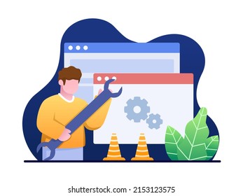 Illustration People use wrench to do Maintenance A Website concept. Software System Under Maintenance. Website Under Construction or Under maintenance. Can be use for web, landing page, etc.