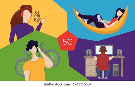 Illustration of people using 5G internet for listening music, working from home, geming, streaming, travelling. 5G concept for web, application, adverticing.