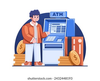 Illustration of people using ATMs for financial transactions, depicting the convenience and efficiency of automated teller machines as customers withdraw cash, make deposits, or check balances.