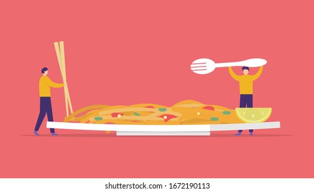 illustration of people using chopsticks and forks to eat noodles. concept chinese food or fast food. can be used for food business. flat design