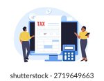 Illustration of People Using Computer for Online Digital Tax Filing Service. Two professionals standing by a large computer monitor displaying a tax form, process of online digital tax filing