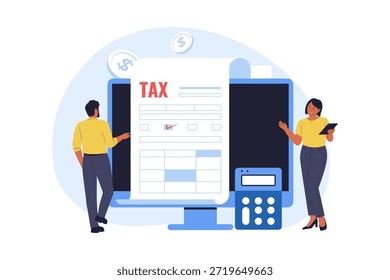 Illustration of People Using Computer for Online Digital Tax Filing Service. Two professionals standing by a large computer monitor displaying a tax form, process of online digital tax filing