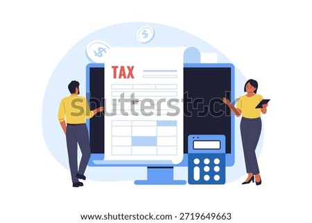 Illustration of People Using Computer for Online Digital Tax Filing Service. Two professionals standing by a large computer monitor displaying a tax form, process of online digital tax filing