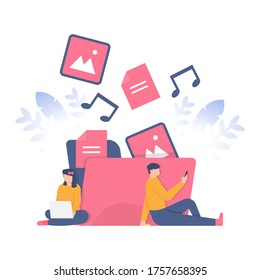 illustration of people using gadgets to access image, music, and document files. the concept of data management and online storage. flat design. can be used for elements, landing pages, UI, web sites.