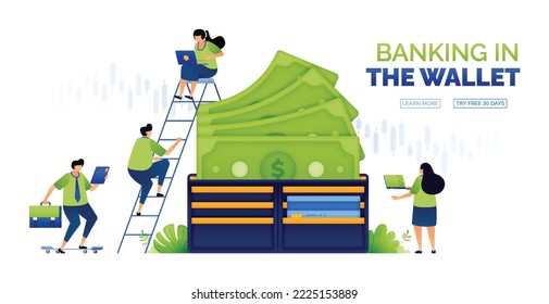 illustration of people using green dollars in wallet. money for financial and banking sectors. dollar bills coming out of wallet. cashless society. can use for ad, poster, campaign, website, apps