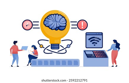 Illustration of People Using Internet-Connected Machines to Create Ideas Supported by an AI Brain, Delivering Speed, Alerts, and Efficiency for Streamlined Work