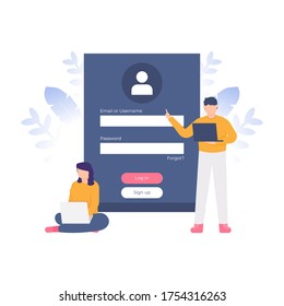 ilustración de personas que usan laptops mientras cruzan las piernas y se paran frente a la página de inicio de sesión o de registro. registro. diseño plano. se puede utilizar para elementos, páginas de inicio, interfaz de usuario, sitio web.