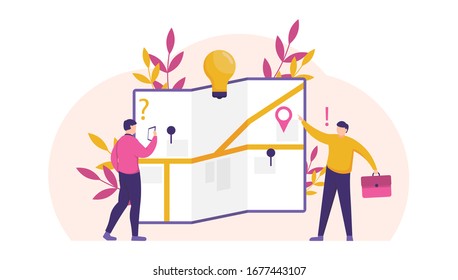 illustration of people using the map application to search for locations. GPS, location tracker. flat design. Can be used for landing pages, templates, UI, web.