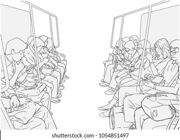  Illustration of people using public transport, train, subway, metro