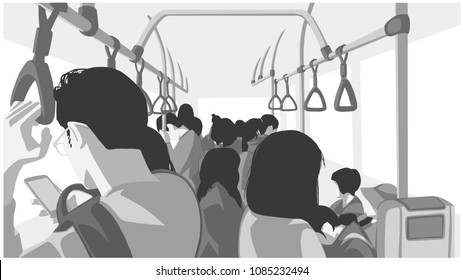 Illustration of people using public transport, bus, train, metro, subway