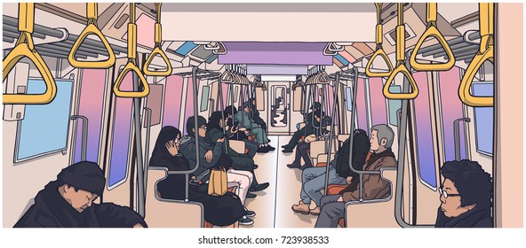 Illustration of people using public transport; train, subway, metro in color