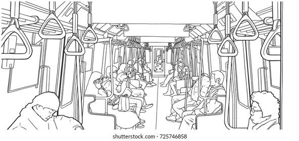 Illustration of people using public transport; train, subway, metro